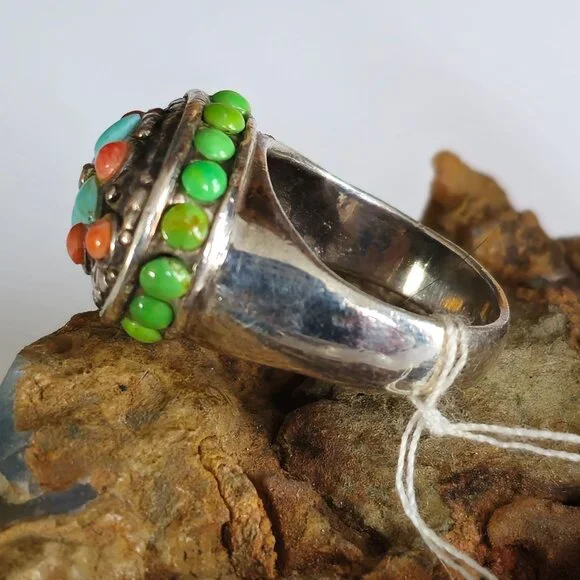 Barse Sterling Silver 925 Bezel Set Blue & Green Turquoise Coral Ring Size 7 - Picture 4 of 8